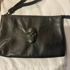 Black Leather Skull Clutch Bag, NWOT